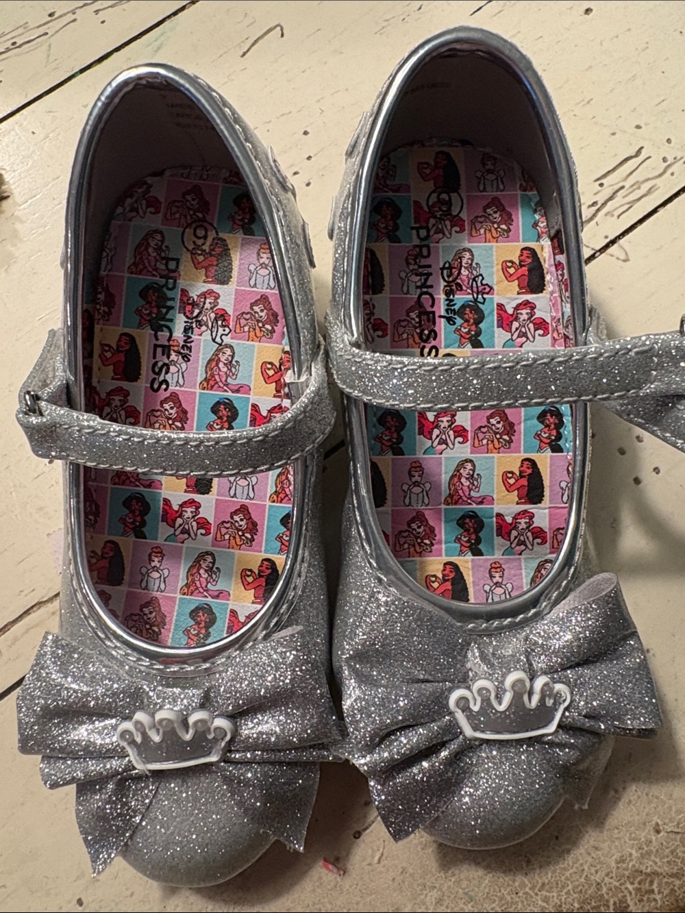Disney Princess Girls' Silver Glitter Mary Jane Shoes with Crown Accent